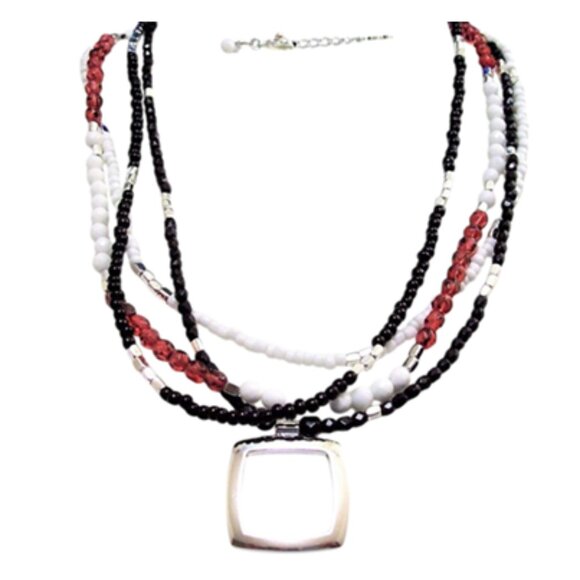 Red White Black Necklace Silver Tone Vintage Choker Bead Four Strand - Picture 4 of 6